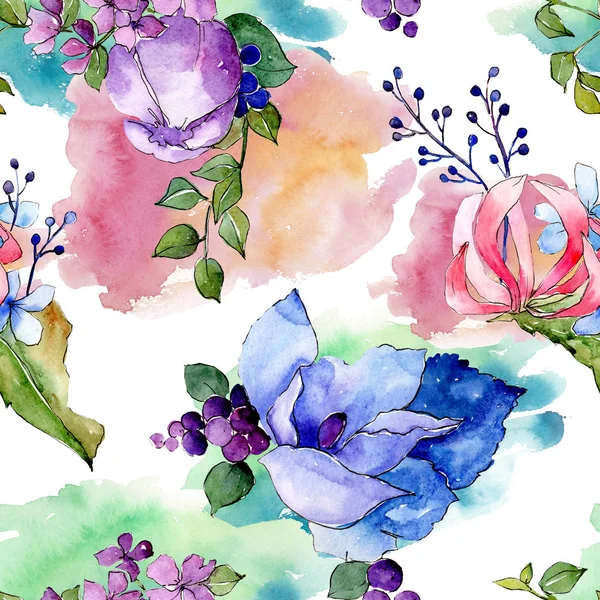 Tropic bouquet floral botanical flowers. Watercolor background illustration set. Seamless background pattern.