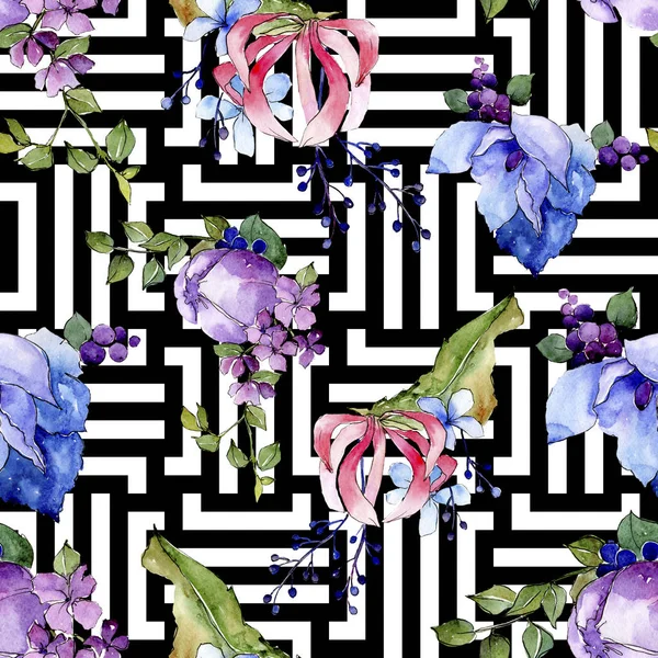 트로픽 꽃다발 꽃 식물 꽃입니다. 수채화 배경 일러스트 세트입니다. 원활한 배경 패턴. — 스톡 사진