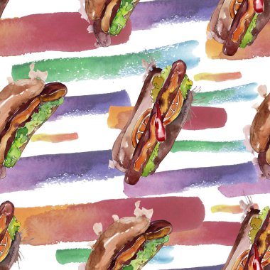 Sosisli fast food lezzetli gıda. Suluboya arka plan illüstrasyon seti. Kesintisiz arka plan deseni.