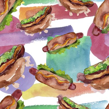 Sosisli fast food lezzetli gıda. Suluboya arka plan illüstrasyon seti. Kesintisiz arka plan deseni.