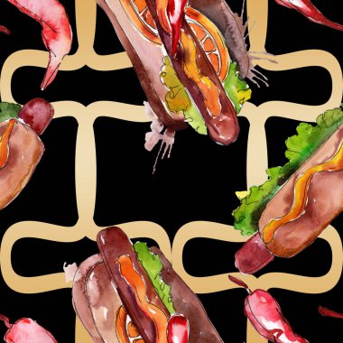 Sosisli fast food lezzetli gıda. Suluboya arka plan illüstrasyon seti. Kesintisiz arka plan deseni.