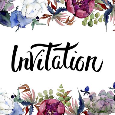 Buket çiçek botanik çiçekler. Suluboya arka plan illüstrasyon küme. Çerçeve kenarlığı süsleme Meydanı.