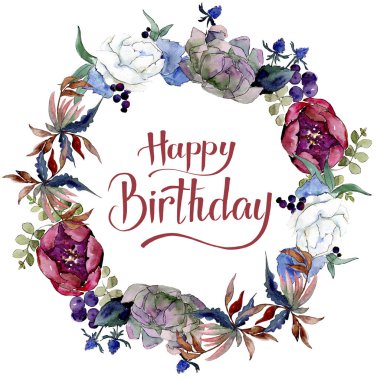 Buket çiçek botanik çiçekler. Suluboya arka plan illüstrasyon küme. Çerçeve kenarlığı süsleme Meydanı.