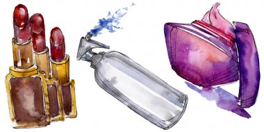 Kozmetik ürünler çizim Glamour illüstrasyon. Suluboya arka plan illüstrasyon seti. Yalıtılmış cosmrticks öğesi.