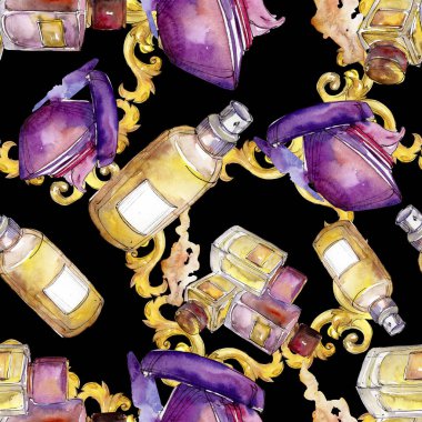 Kozmetik ürünler çizim Glamour illüstrasyon. Suluboya arka plan illüstrasyon seti. Kesintisiz arka plan deseni.