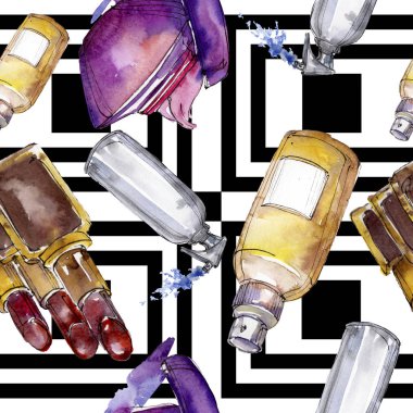 Kozmetik ürünler çizim Glamour illüstrasyon. Suluboya arka plan illüstrasyon seti. Kesintisiz arka plan deseni.