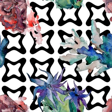 Renkli su sualtı doğa mercan resifi. Suluboya illüstrasyon seti. Kesintisiz arka plan deseni.