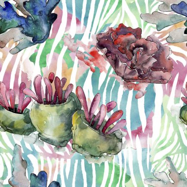 Renkli su sualtı doğa mercan resifi. Suluboya illüstrasyon seti. Kesintisiz arka plan deseni.