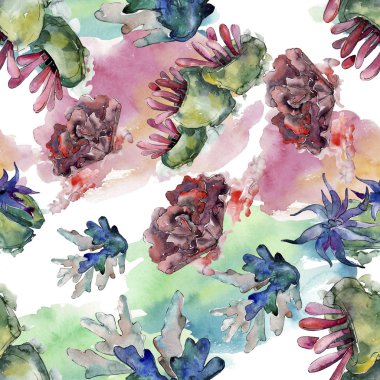 Renkli su sualtı doğa mercan resifi. Suluboya illüstrasyon seti. Kesintisiz arka plan deseni.