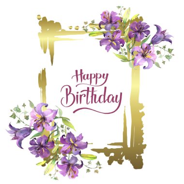 Mor zambak buketi çiçek botanik çiçekler. Suluboya arka plan illüstrasyon seti. Çerçeve kenarlık süs karesi.