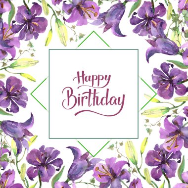 Mor zambak buketi çiçek botanik çiçekler. Suluboya arka plan illüstrasyon seti. Çerçeve kenarlık süs karesi.