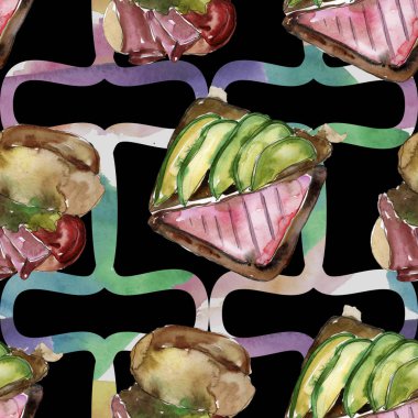 Sandviç lezzetli fast food. Suluboya arka plan illüstrasyon seti. Suluboya çizim moda aquarelle izole. Kusursuz arka plan deseni. Kumaş duvar kağıdı baskı doku.