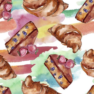 Lezzetli kek ve çörek tatlısı. Suluboya arka plan illüstrasyon seti. Kesintisiz arka plan deseni.