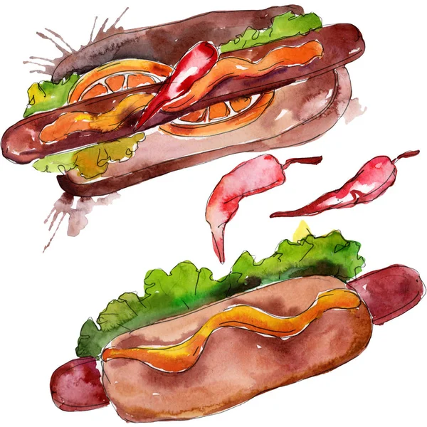 핫도그 패스트 푸드, 맛있는 음식. 수채화 배경 삽화 세트. 멀리 떨어져 있는 패스트푸드 삽화 요소. — 스톡 사진