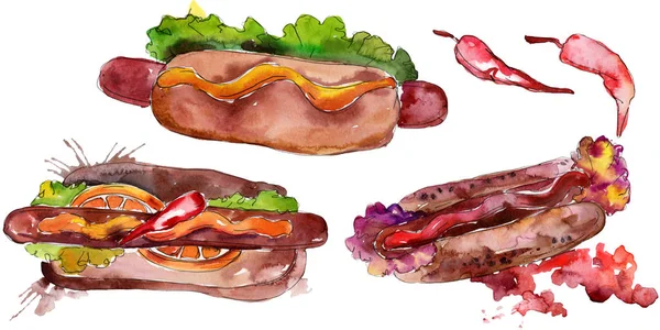 Hot dog comida rápida sabrosa comida. Conjunto de ilustración de fondo acuarela. Elemento aislado de ilustración de comida rápida. —  Fotos de Stock