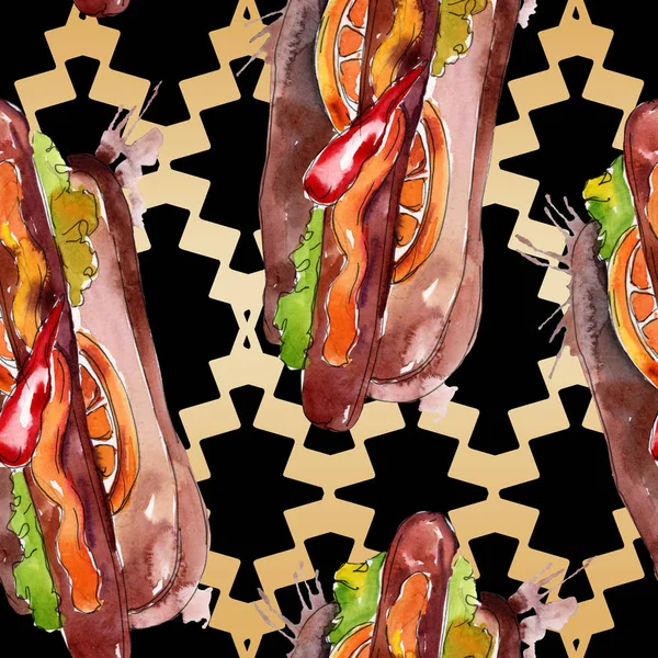 Hotdog fastfood lekker eten. Aquarel achtergrond illustratie instellen. Naadloos achtergrond patroon. — Stockfoto