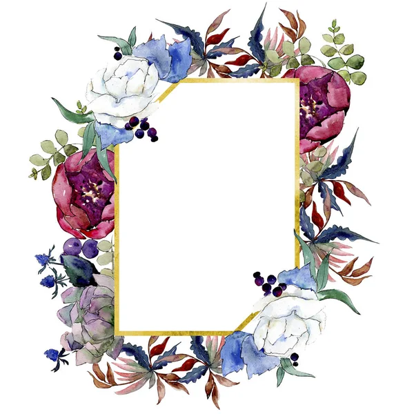 Ramo de flores botánicas florales. Conjunto de ilustración de fondo acuarela. Marco borde ornamento cuadrado . — Foto de Stock