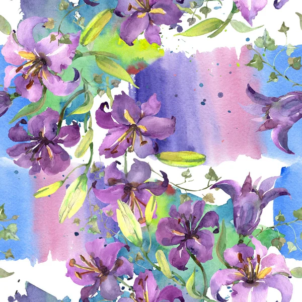 Bouquet de lis violet fleurs botaniques florales. Ensemble d'illustration de fond aquarelle. Modèle de fond sans couture . — Photo