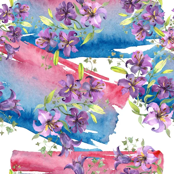 Purple lily bouquet floral botanical flowers. Watercolor background illustration set. Seamless background pattern. — Stock Photo, Image