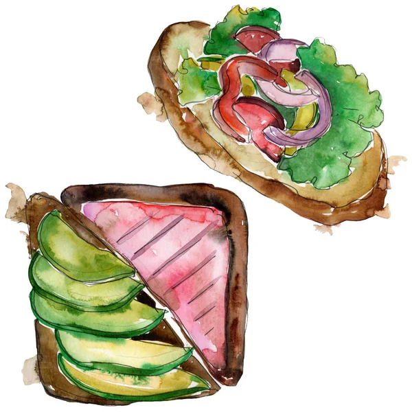 맛있는 패스트 샌드위치 수채화 일러스트 세트입니다 수채화 드로잉 아쿠아렐 격리된 — 스톡 사진