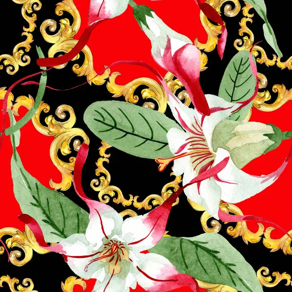 Kırmızı beyaz strophantus çiçek çiçekleri. Suluboya arka plan illüstrasyon seti. Kesintisiz arka plan deseni. — Stok fotoğraf