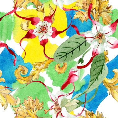 Kırmızı beyaz strophantus çiçek çiçekleri. Suluboya arka plan illüstrasyon seti. Kesintisiz arka plan deseni.