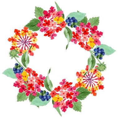 Kırmızı lantana çiçek botanik çiçekleri. Suluboya arka plan illüstrasyon seti. Çerçeve kenarlık süs karesi.