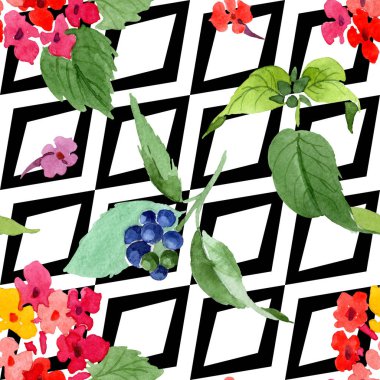 Kırmızı lantana çiçek botanik çiçekleri. Suluboya arka plan illüstrasyon seti. Kesintisiz arka plan deseni.