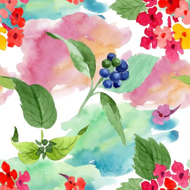 Kırmızı lantana çiçek botanik çiçekleri. Suluboya arka plan illüstrasyon seti. Kesintisiz arka plan deseni.