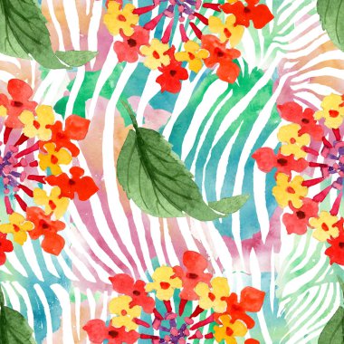 Kırmızı lantana çiçek botanik çiçekleri. Suluboya arka plan illüstrasyon seti. Kesintisiz arka plan deseni.