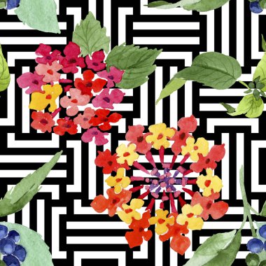 Kırmızı lantana çiçek botanik çiçekleri. Suluboya arka plan illüstrasyon seti. Kesintisiz arka plan deseni.