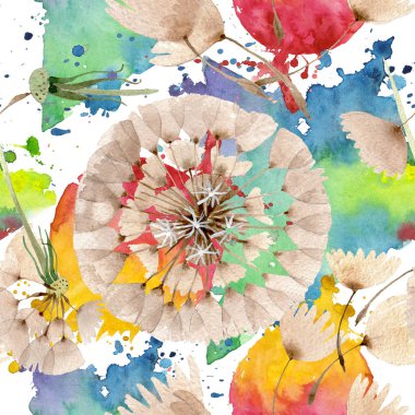 Tohumlu karahindiba lı top. Suluboya arka plan illüstrasyon seti. Kesintisiz arka plan deseni.