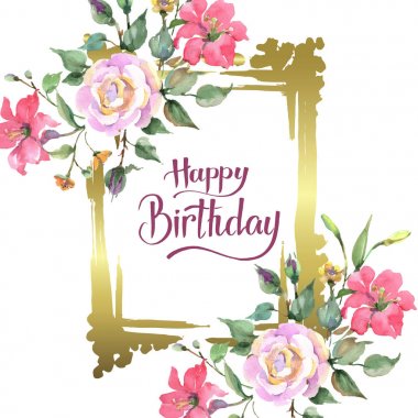 Pembe gül buketi çiçek botanik çiçekler. Yabani bahar yaprağı kır çiçeği izole. Suluboya arka plan illüstrasyon seti. Suluboya çizim moda aquarelle. Çerçeve kenarlık süs karesi.