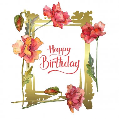 Kırmızı haşhaş çiçek botanik çiçekleri. Suluboya arka plan illüstrasyon seti. Çerçeve kenarlık süs karesi.