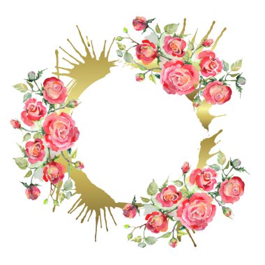 Kırmızı gül buketi çiçek botanik çiçekler. Suluboya arka plan illüstrasyon küme. Çerçeve kenarlığı süsleme Meydanı.