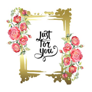 Kırmızı gül buketi çiçek botanik çiçekler. Suluboya arka plan illüstrasyon küme. Çerçeve kenarlığı süsleme Meydanı.