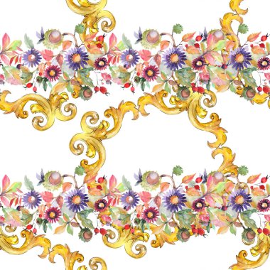 Aster ve kır çiçeği buketi çiçek botanik çiçekler. Suluboya illüstrasyon seti. Kesintisiz arka plan deseni.