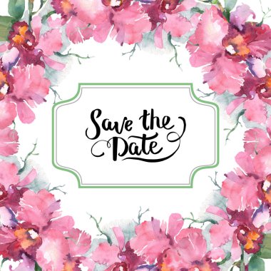 Pembe orkide buketi çiçek botanik çiçekleri. Yabani bahar yaprağı kır çiçeği izole. Suluboya arka plan illüstrasyon seti. Suluboya çizim moda aquarelle. Çerçeve kenarlık süs karesi.