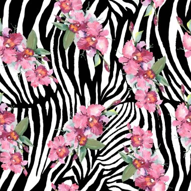 Pembe orkide buketi botanik çiçekler. Yabani bahar yaprağı kır çiçeği. Suluboya illüstrasyon seti. Suluboya çizim moda aquarelle. Kusursuz arka plan deseni. Kumaş duvar kağıdı baskı doku.