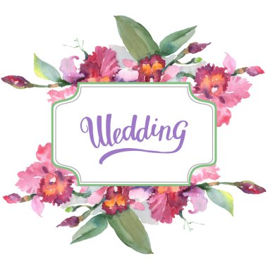 Pembe orkide buketi çiçek botanik çiçekleri. Yabani bahar yaprağı kır çiçeği izole. Suluboya arka plan illüstrasyon seti. Suluboya çizim moda aquarelle. Çerçeve kenarlık süs karesi.
