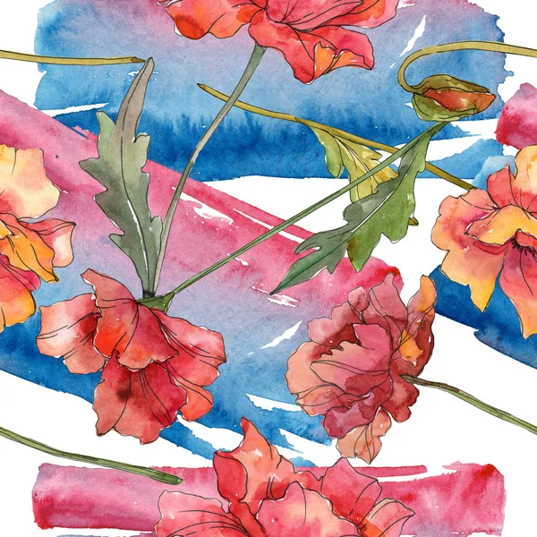Röd vallmo blommiga botaniska blommor. Akvarell bakgrund illustration uppsättning. Sömlöst bakgrundsmönster. — Stockfoto