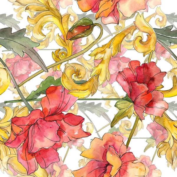 Flores botánicas florales de amapola roja. Conjunto de ilustración de fondo acuarela. Patrón de fondo sin costuras . — Foto de Stock