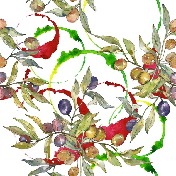 黒と緑のフルーツとオリーブの枝。●水彩背景イラストセット。シームレスな背景パターン. — ストック写真