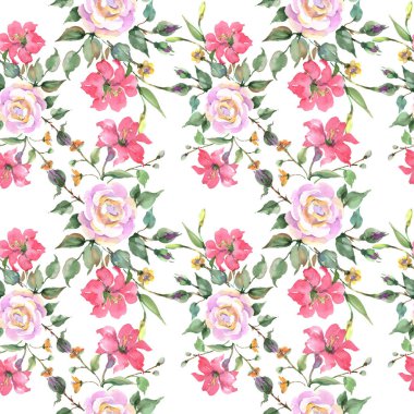 Pembe gül buketi botanik çiçek. Vahşi bahar yaprak kır çiçeği. Suluboya resim kümesi. Suluboya çizim moda aquarelle. Sorunsuz arka plan deseni. Kumaş duvar kağıdı yazdırma doku.