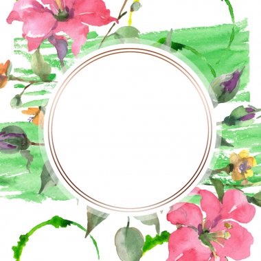 Pembe gül buketi çiçek botanik çiçekler. Yabani bahar yaprağı kır çiçeği izole. Suluboya arka plan illüstrasyon seti. Suluboya çizim moda aquarelle. Çerçeve kenarlık süs karesi.