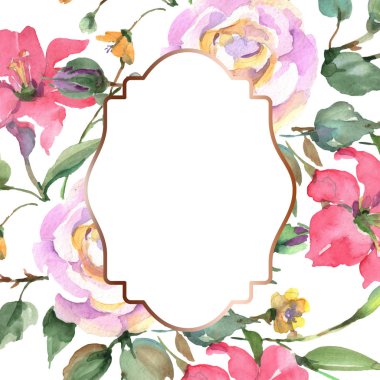 Pembe gül buketi çiçek botanik çiçekler. Yabani bahar yaprağı kır çiçeği izole. Suluboya arka plan illüstrasyon seti. Suluboya çizim moda aquarelle. Çerçeve kenarlık süs karesi.