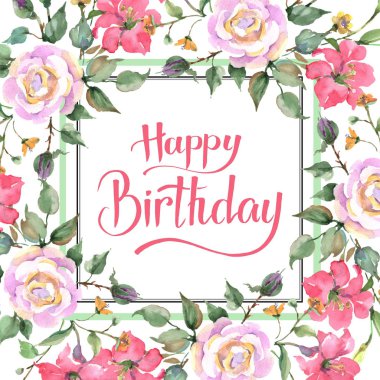 Pembe gül buketi çiçek botanik çiçekler. Yabani bahar yaprağı kır çiçeği izole. Suluboya arka plan illüstrasyon seti. Suluboya çizim moda aquarelle. Çerçeve kenarlık süs karesi.