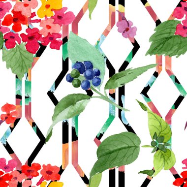 Kırmızı lantana çiçek botanik çiçekleri. Suluboya arka plan illüstrasyon seti. Kesintisiz arka plan deseni.