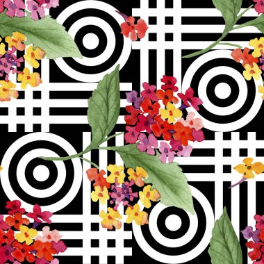 Kırmızı lantana çiçek botanik çiçekleri. Suluboya arka plan illüstrasyon seti. Kesintisiz arka plan deseni.