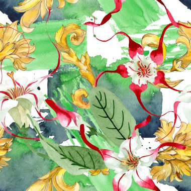 Kırmızı beyaz strophantus çiçek çiçekleri. Suluboya arka plan illüstrasyon seti. Kesintisiz arka plan deseni.